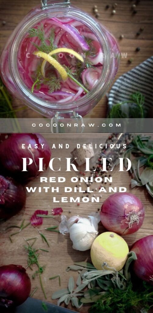 Above image of red onion pickled with lemon slices and dill.  Below a cutting board with red onion, garlic and lemon.