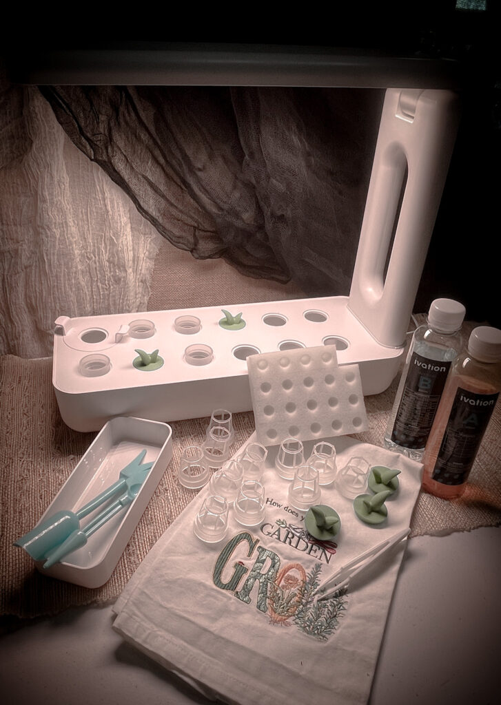 Favorite gardening Tools 12.   Hydroponic kit laid out.