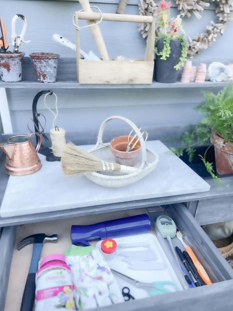 outdoor potting bench with storage